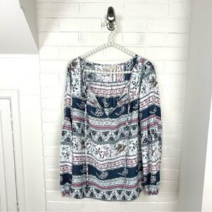LOFT Patterned Boho Long Sleeve Blouse Top Size L
